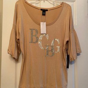 New BCBG Max Azria Logo Embellished Tan Blouson-Sleeve Top